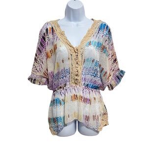SALE!! Free People Crochet Detail Cream Boho Print Sheer Blouse Size Small